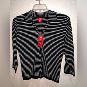Jones NY Petite Medium Striped Black Sweater 3/4 Sleeve